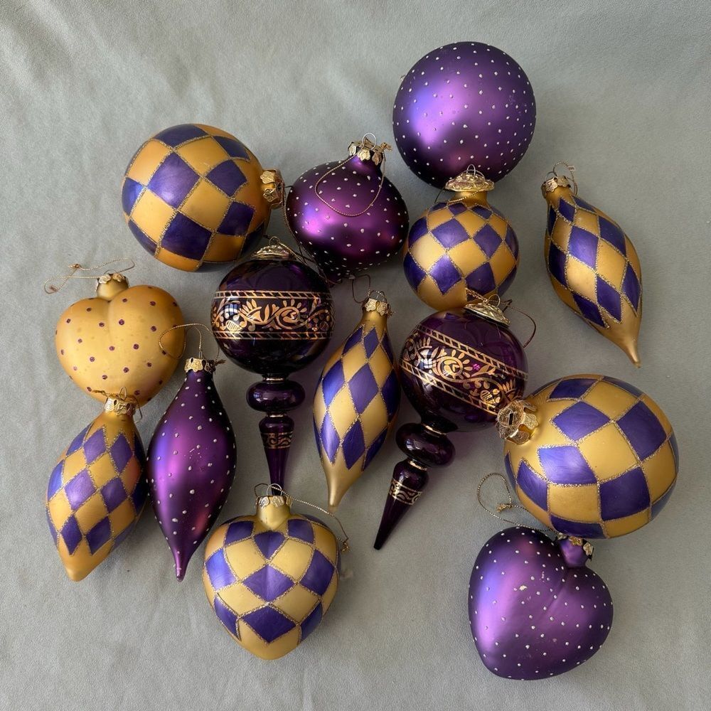 Rare Collection Purple Gold Christmas Glass Ornaments Breakable 14 Pieces